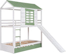 Bunk Bed Twin Over Twin With Slide And Trundle White Green