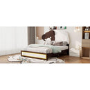 Full Size Upholstered Platform Bed with Bear Shaped Headboard, LED Light Strips, White + Brown