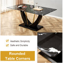 Black Marble Pattern Tempered Glass Dining Set - 71'x35.4' with 8 White and dark gray spliced PU Chairs With a Widened Backrest Design.
