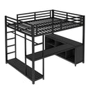 Metal Loft Bed with Wardrobe and L-shaped Desk, Queen Size Loft Bed with Storage Cubes and Shelves, Loft Bed for Kids Teens Adults, Black