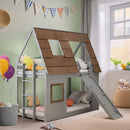 Cozy and Fun Wood Twin Size House Bunk Bed with Window Roof Shape Design with Ladder and Climbing Ramp, Brown+Gray
