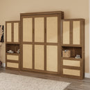 Full Size Solid Wood With Rattan Murphy Bed Cabinet Space-Saving Bed with 2 Side Cabinet Storage Shelves, Perfect for Guest Room, for Bed Room, Guest Room, Home Office, Walnut