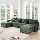 Elegant Four-Seater Sofa with Movable Ottoman, Lumbar Pillow, Green Chenille Fabric, Solid Wood Frame