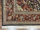 Indo Persian Rug 8x10, Floral Medallion, Vintage Handmade Wool Carpet, Navy Blue and Red, Fine 300 KPSI