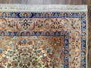 Vintage Persian Isfahan Lachak Toranj Rug, Highly Detailed, Kork Wool on Silk Foundation, Beige and Dark Blue, Hand-Knotted, 3'6" x 5' 4"