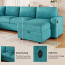 Convertible U-shaped Sectional Sofa with Storage Chaise Lounges & USB Ports, Teal, Twill Polyester, 103.9'