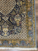 Fine Persian Qum Rug 3x5, Semi Antique Vintage Oriental Ghom Carpet, Floral Medallion, Highly Detailed, Hand Knotted, Navy Blue, Wool Area Rug, Birds