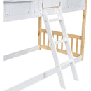 Twin over Twin House Bunk Bed with Roof, Window, Window Box, Door, with Safety Guardrails and Ladder, Natural/White