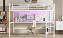 Metal Queen Size Loft Bed with Power Outlet and LED Lighted, Space-Saving, Noise Reduced, White