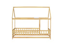 Twin Size House Floor Wooden Bed with Roof Frame,Safety Guardrails,Natural