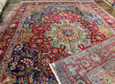 Wonderful Persian Tabriz Rug 10x14, Antique Persian Carpet, Handmade Wool Rug, Floral Medallion, Red Navy Blue, Colorful, Large Persian Area Rug