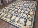 Vintage Black Aubusson Area Rug 8x10, Large Flowers Chinese Aubusson Carpet 7.9 x 10, Wool Hand-Knotted Floral Pattern Flat Weave Rug Nice
