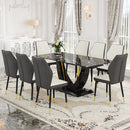 Black Marble Pattern Tempered Glass Dining Set - 71'x35.4' with 8 White and dark gray spliced PU Chairs With a Widened Backrest Design.