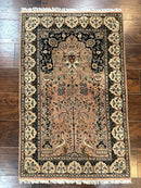 Small Tree of Life Prayer Rug, Pak Persian Rug 2.7 x 4, , Birds, Lantern, Handmade Vintage Fine 260 KPSI