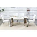 Table and chair set.63'x31.5x30' Luxurious Pandora patterned Sintered Stone Tabletop with Silver Stainless Steel Legs.Paried With 4 White PU Chairs with a vertical stripe design on the backrest.
