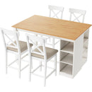 TOPMAX 60'Lx30'W Solid Wood Farmhouse Counter Height Dining Table Set with 3-Tier Storage Shelves, Upholstered Dining Chairs for 4, 5-Piece, White (OLD SKU: SP000041AAK)