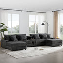 [VIDEO]144*64'' Corduroy Sectional Sofa with Bluetooth Speakers, U Shaped Couch with Console, USB Charger, Cup Holders, Storage, Ottoman, Deep and Wide Seat Cloud Sofa for Living Room&Apartment