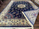Sino Persian Kerman Rug 10x14, Blue and Beige, Floral Medallion, Fine 240 KPSI