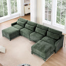 Elegant Four-Seater Sofa with Movable Ottoman, Lumbar Pillow, Green Chenille Fabric, Solid Wood Frame