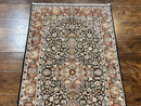 Silk Indian Kashmiri Rug 3x5, Indo Persian Silk on Silk Carpet, Very Fine 350 KPSI, Navy Blue, Handmade, Floral Medallion