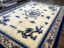 Chinese Dragon Peking Rug 8 x 11.6, Ivory and Blue, Chinese Wool Rug, Vintage