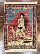 Antique Persian Kirman Rug 2 x 2.5, Small Hand Knotted Wool Carpet, Lavar Rug, Shepherd with Ram Pictorial Rug