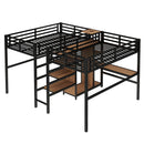 Twin Over Twin Metal Loft Bed with Double Desk and Wardrobe and Shelves with Electrical Outlet for Space Saving and Noise Reduction, woodgrain