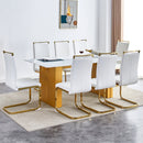 Table and chair set.Large modern rectangular table with 0.4 inch patterned glass tabletop and large MDF table legs.Comes with 8 chairs with faux leather cushioned seats and golden metal legs.