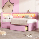 Upholstered Twin Size Platform Bed with USB Ports and LED Belt, With 2 Drawers, Pink