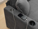 L Shape Sofa Couch with USB and cup holder, corduroy striped fabric 2-seater sofa with 1 footstool, gray