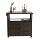 Outdoor Wicker Bar Cart, Patio Wine Serving Cart w/Wheels , Rolling Rattan Beverage Bar Counter Table w/Glass Top for Porch Backyard Garden Poolside Party, Light brown