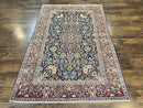 Persian Kashan Rug 4x7, Floral Medallion Vintage Handmade Hand Knotted Navy Blue & Red Wool Oriental Carpet, Highly Detailed Semi Antique Rug