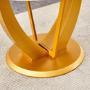 Table and chair set.Luxurious Snow Mountain White Slab Round Dining Table Set - 47'x47' with 4 Black PU Chairs with Simple Line Designs On The Backrest .Golden Metal Legs.