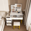 Elegant Makeup Vanity with LED Lights & Power Outlet in White, MDF with Metal Legs, Includes Chair