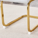 Table and chair set.Large modern rectangular table with 0.4 inch patterned glass tabletop and large MDF table legs.Comes with 8 chairs with faux leather cushioned seats and golden metal legs.