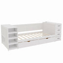 White Wooden Twin Size Daybed with Side Shelves & Drawers, Multi-Functional Desk & Charging Station