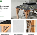 11x13 Wood Gazebo With Durable Outdoor Galvanized Steel Roof Netting And Curtains In Brown
