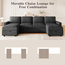 Convertible U-shaped Sectional Sofa with Storage Chaise Lounges and USB Ports, Black Twill Polyester, 103.9 Inches