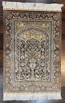 Turkish Silk Hereke Rug 2x3, Floral Vase Tree of Life Birds, Silk Pile on Silk Foundation, Vintage Oriental Carpet, Very Fine, Signature