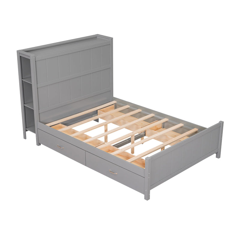 Full Size Platform Bed with Drawers and Storage Shelves, Gray