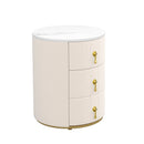Upholstered Nightstand with 3 Drawers, Round Bedside Table with Metal Handles,Marbling Stickers Top Night Table for Bedroom, Fully Assembled Except Handles, Beige