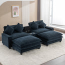 Contemporary Chenille Upholstered Sectional Sofa with Ottomans, USB Ports, Cup Holders & Storage, Blue