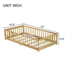 Twin Size Floor Bed with Fence and Door,Rubber Wood Floor Bed with Safety Guardrails,Natural