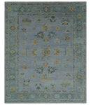 Multi Size Charcoal, Aqua and Silver Hand Knotted Oushak Wool Area Rug