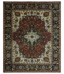 8x10 and 10x14 Fine Hand Knotted Rust, Ivory and Blue Traditional Vintage Heriz Serapi Antique Wool Rug