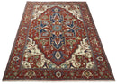 8x10 and 9x12 Fine Hand Knotted Blue, Ivory and Rust Traditional Vintage Heriz Serapi Antique Wool Rug | TRDCP470