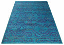 Hand Knotted Teal Blue and Violet Modern Contemporary Southwestern Tribal Trellis Recycled Silk Area Rug