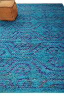 Hand Knotted Teal Blue and Violet Modern Contemporary Southwestern Tribal Trellis Recycled Silk Area Rug