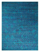 Hand Knotted Teal Blue and Violet Modern Contemporary Southwestern Tribal Trellis Recycled Silk Area Rug