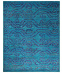Hand Knotted Teal Blue and Violet Modern Contemporary Southwestern Tribal Trellis Recycled Silk Area Rug